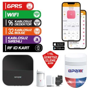 OPAX-W20-SİYAH+BGR-09 GPRS I WİFİ & BGR-09 KABLOSUZ SİRENLİ ALARM SİSTEMİ (1 YIL AHM ÜCRETSİZ)