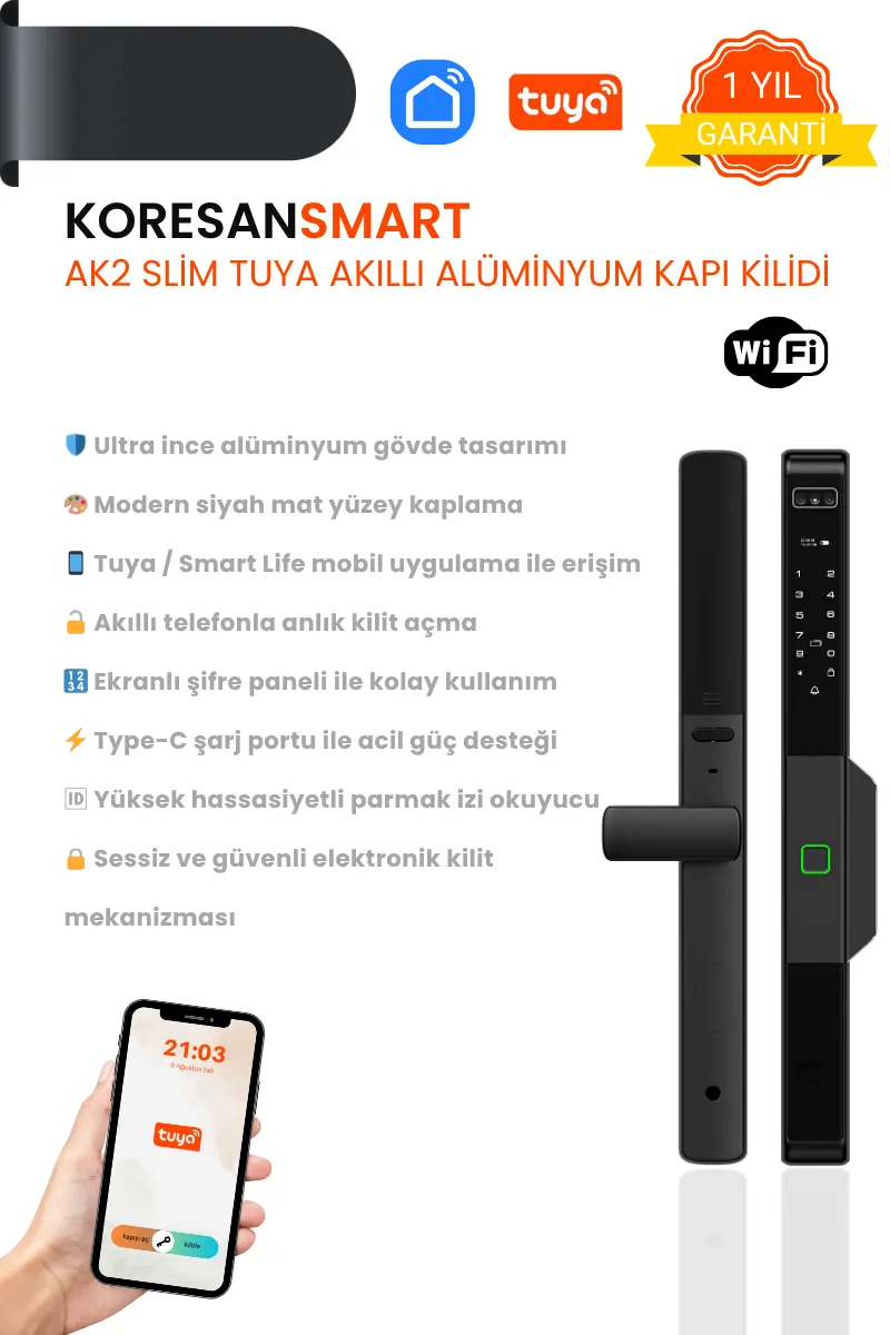 Ak2 Slim Tuya Akıllı Alüminyum Kapı Kilidi - Görsel 13